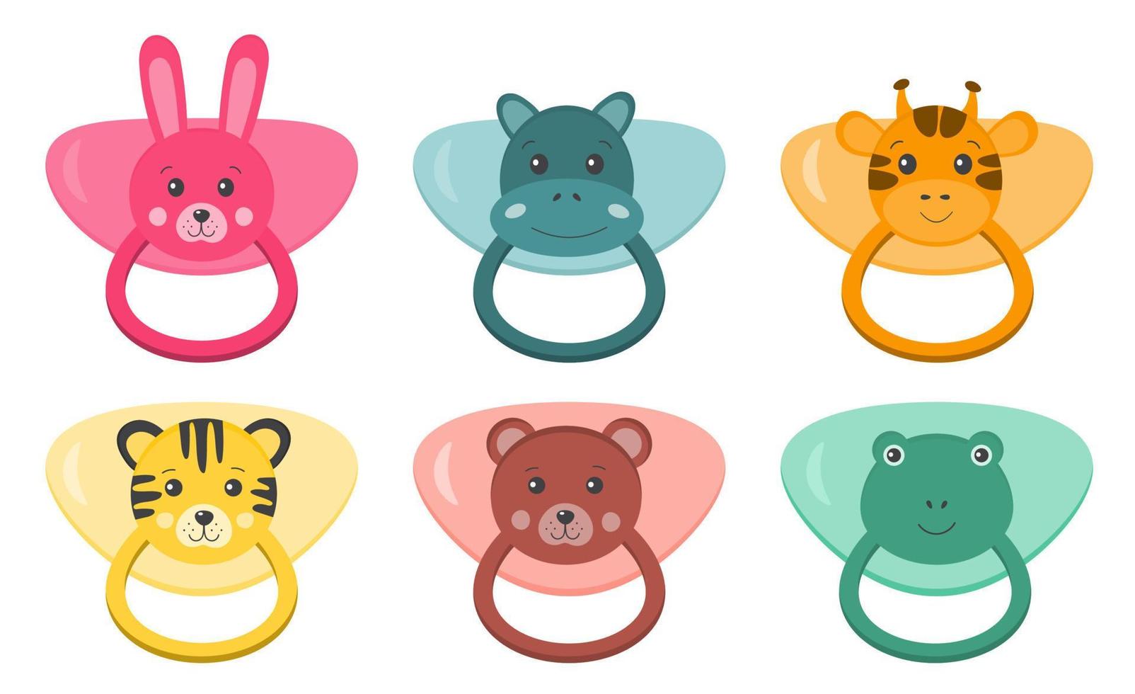 Cute set of baby pacifiers, dummy with rubber nipple. Collection to newborn baby, good dummy nipple with funny animals faces. Baby care elements, pacifier isolated cartoon icon. vector