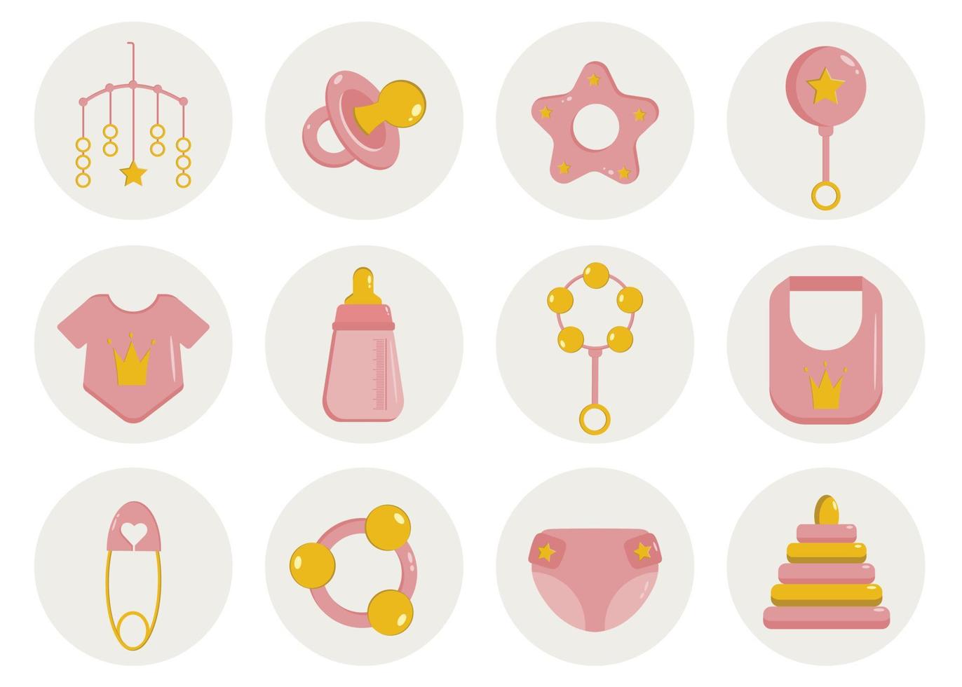 Cute collection of elements for newborn baby girl. Items for little baby pacifier, body, rattle, teething, dummy, nipple. Suitable for children's goods store, highlights, web banners. Round stickers. vector