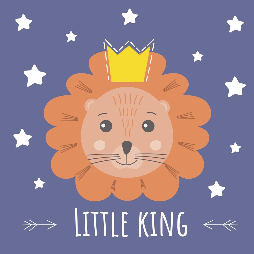 Cute lion little king in trendy scandinavian style. Vector illustration for baby boy card, kids clothes and t-shirts, print on the wall, nursery room. Funny lion cube portrait childish style.