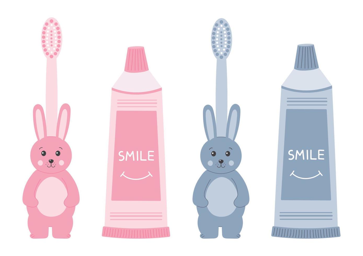 Toothpaste and toothbrush for little kids. Cute dental care accessories for childrens. Suitable for the design of pediatric dentistry. Baby bunny brash and paste. vector
