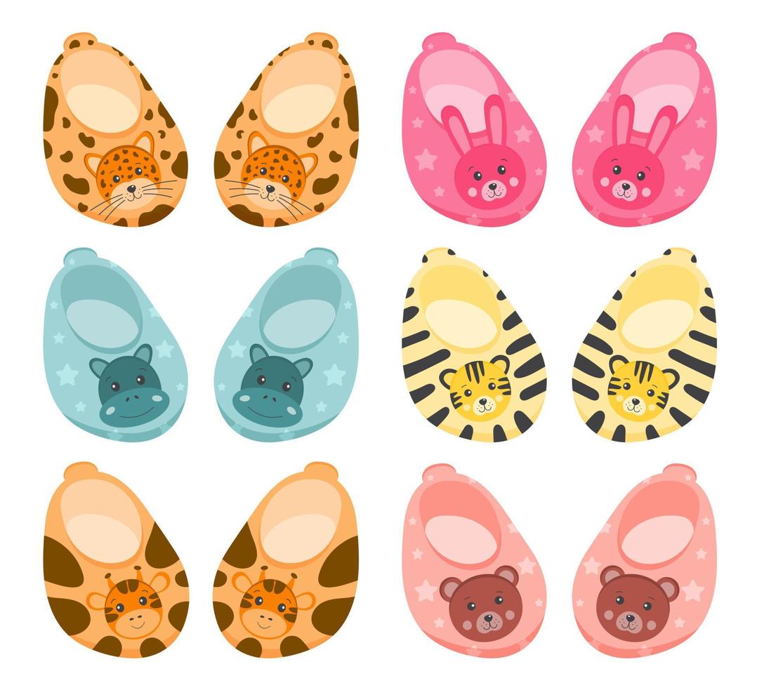 Collection of cute baby shoes. Baby booties. Small socks, slippers for newborn with cute animals. Suitable for decoration of children's printing, nursery, posters, postcards, clothing and shoe store. vector