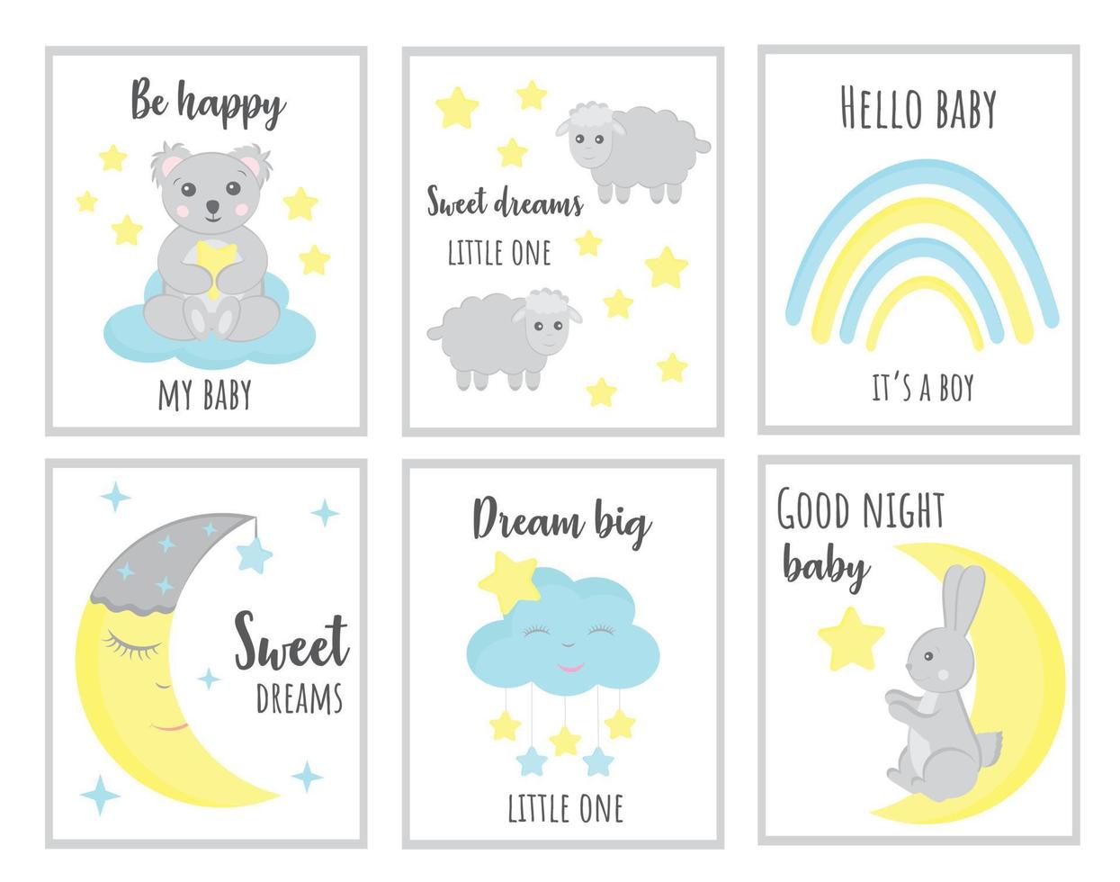 Set of cute baby shower cards or nursery posters. Hand drawn koala, bunny, rainbow, clouds, stars. Vector illustrations for invitations, greeting cards, posters. Baby shower celebration concept.