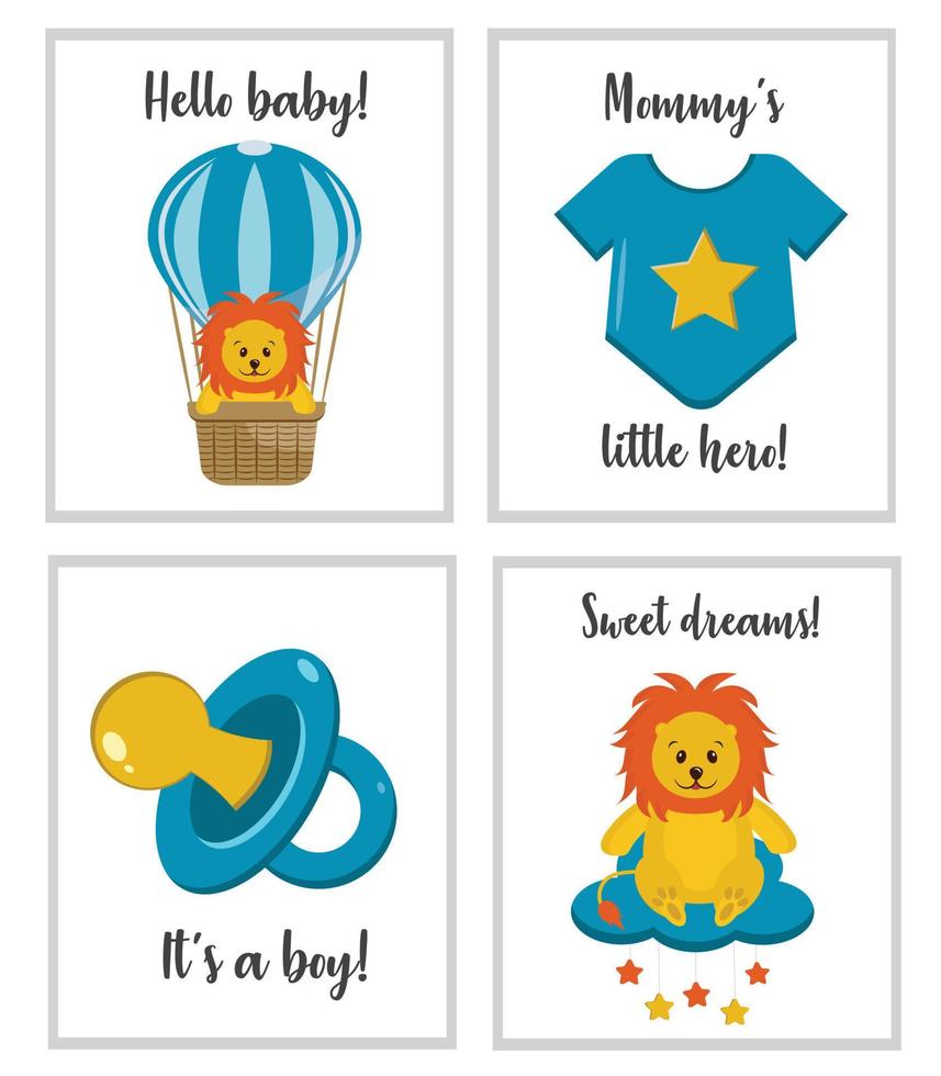 Cute posters with little lion cub, baby bodysuit, pacifier dummy. Vector prints for baby room, baby shower, greeting card. Cute nursery illustration. Set of Birthday cards templates. It's a boy.