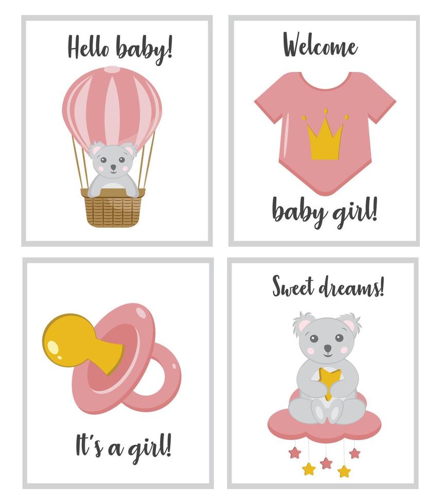Cute posters with little koala, baby bodysuit, pacifier dummy. Vector prints for baby room, baby shower, greeting card. Cute nursery illustration. Set of Birthday cards templates. It's a girl.