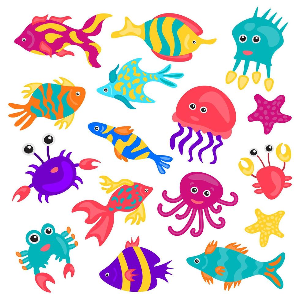 Set of cartoon sea animals on white background. Underwater nature aquarium fish vector illustration. Jellyfish, octopuses. Diving, snorkeling. Tropical fish vector illustration. Underwater nature.