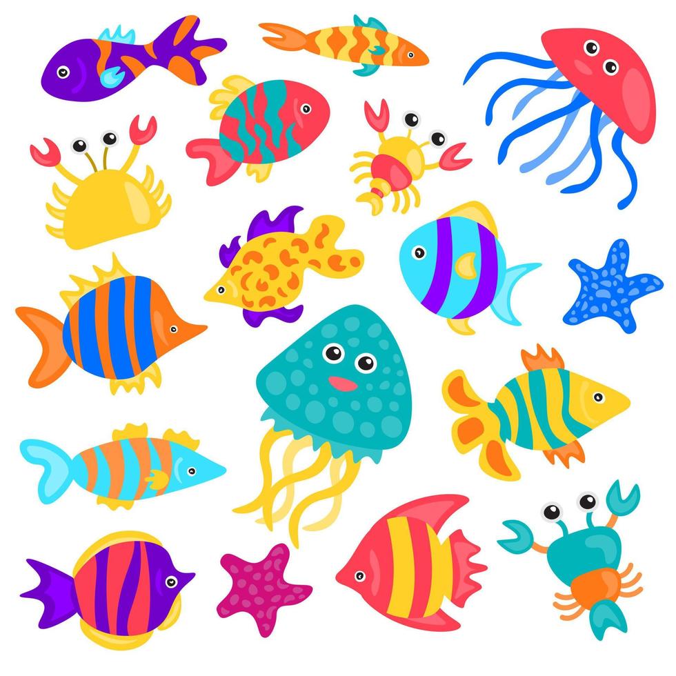 peces de acuario de dibujos animados aislados. Ilustración de vector de peces tropicales aislado sobre fondo blanco. medusas, pulpos. colección de animales exóticos de agua de mar o océano lindo dibujado a mano. naturaleza submarina.