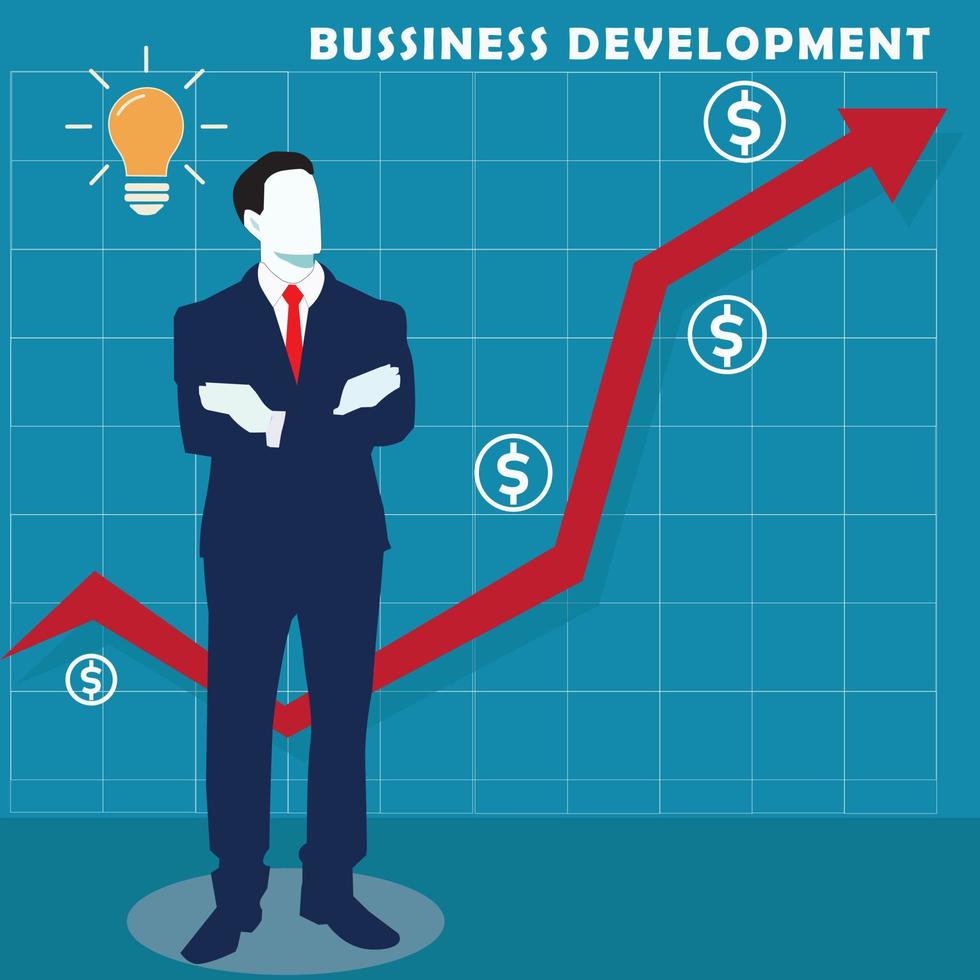 Business concepts of analytics, planning graph, marketing research for bussiness development idea bulp,  have idea for increase profit,  studying reports. Flat vector illustrations isolated on blue