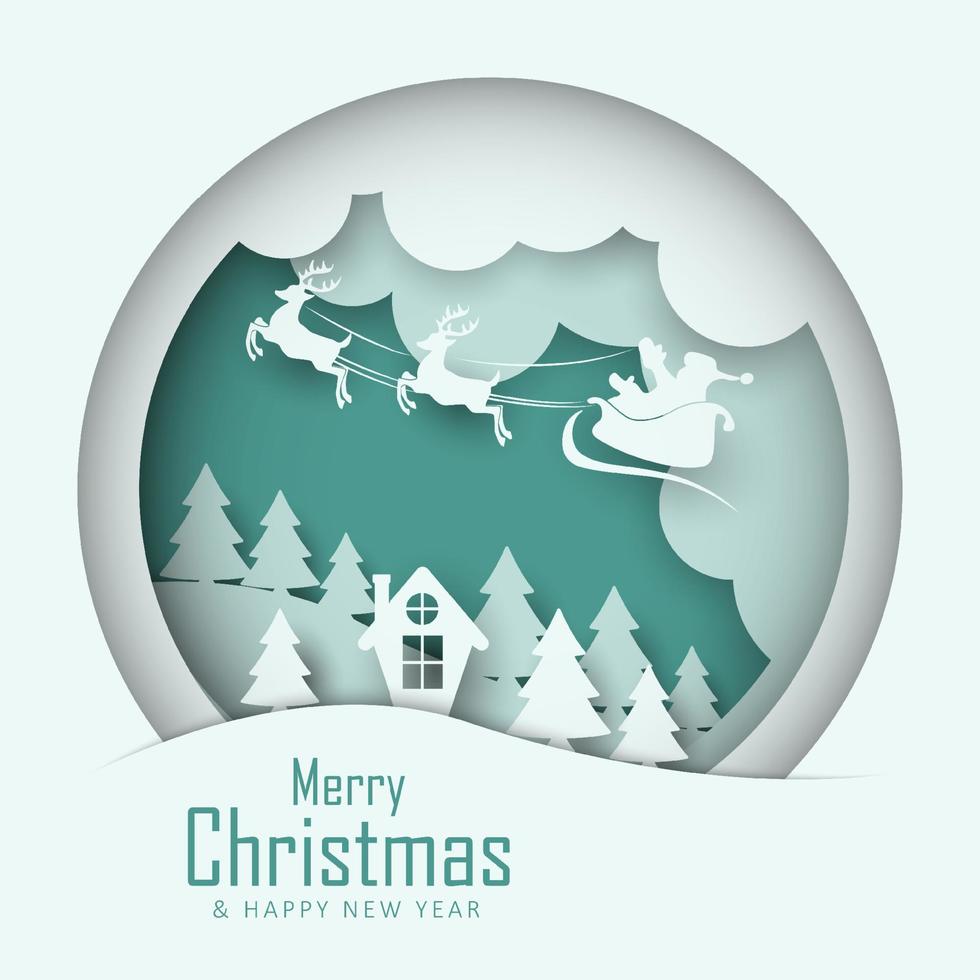 saludo de navidad y silueta de trineo de santa claus con diseño de estilo de papel vector
