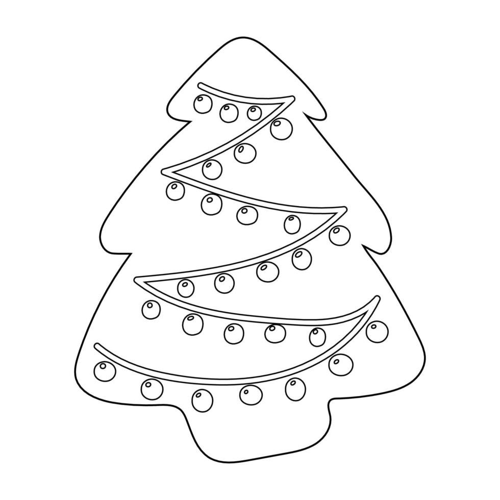 Gingerbread in the shape of a Christmas tree with a garland. Christmas coloring book. contour drawing vector