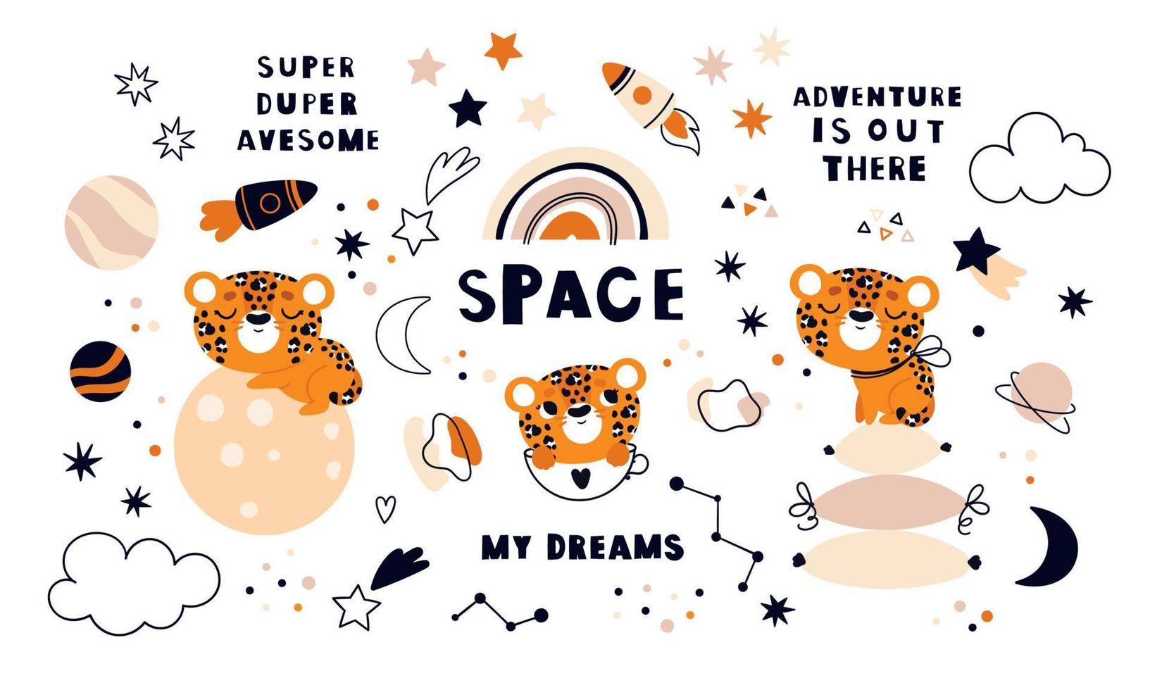 ambientado con lindos leopardos en el espacio. planetas, estrellas y nubes al estilo garabato. diseño gráfico infantil vector