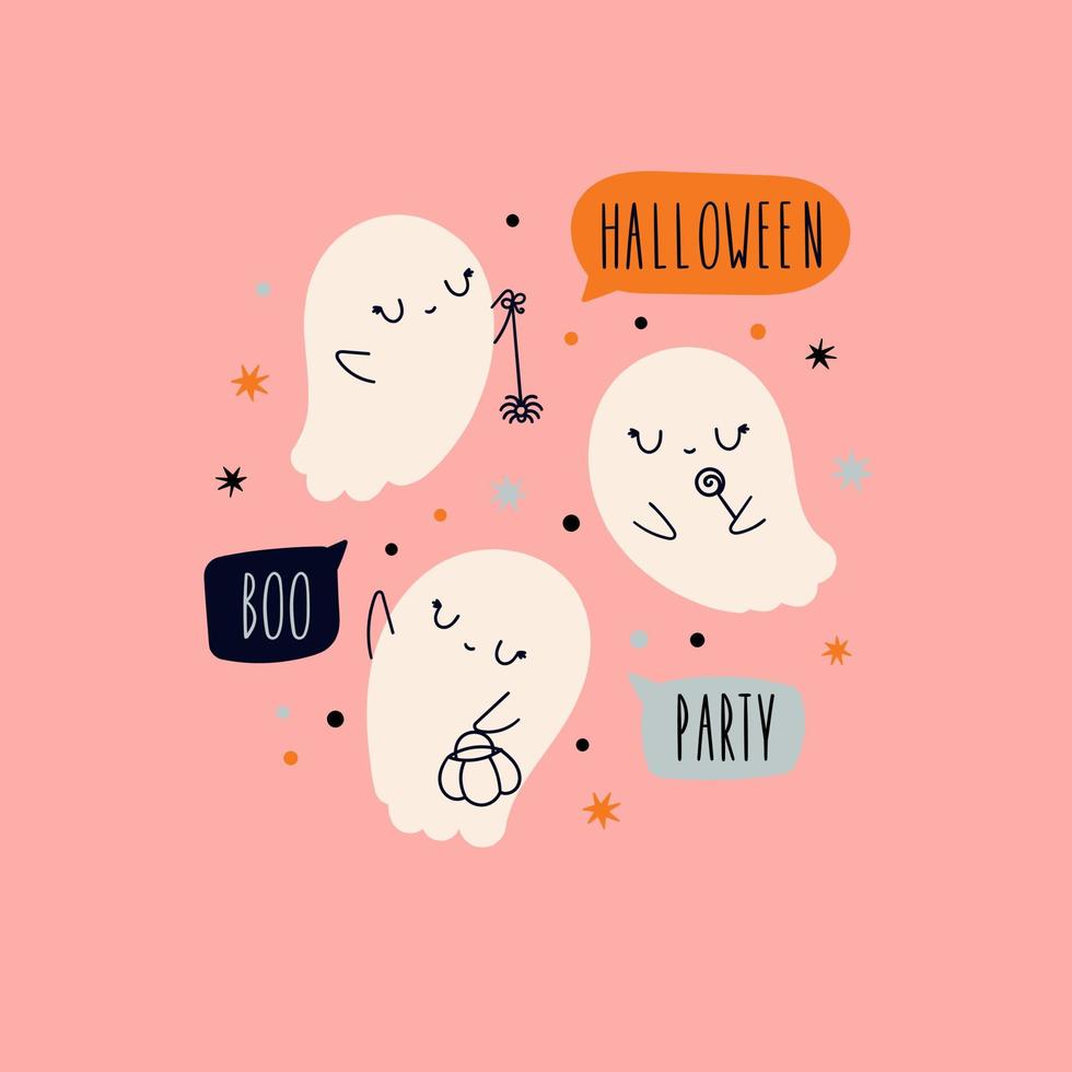 lindos fantasmas al estilo escandinavo. tarjeta de felicitación de halloween para bebé vector