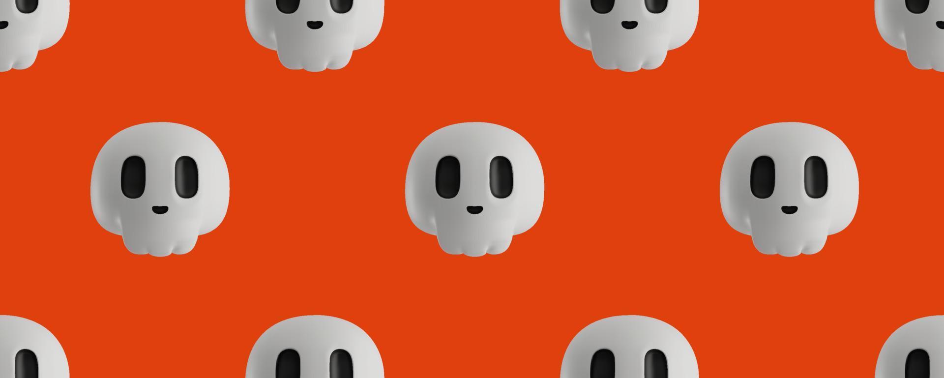 Cute skulls on an orange background. 3D seamless vector pattern. Holiday banner for Halloween