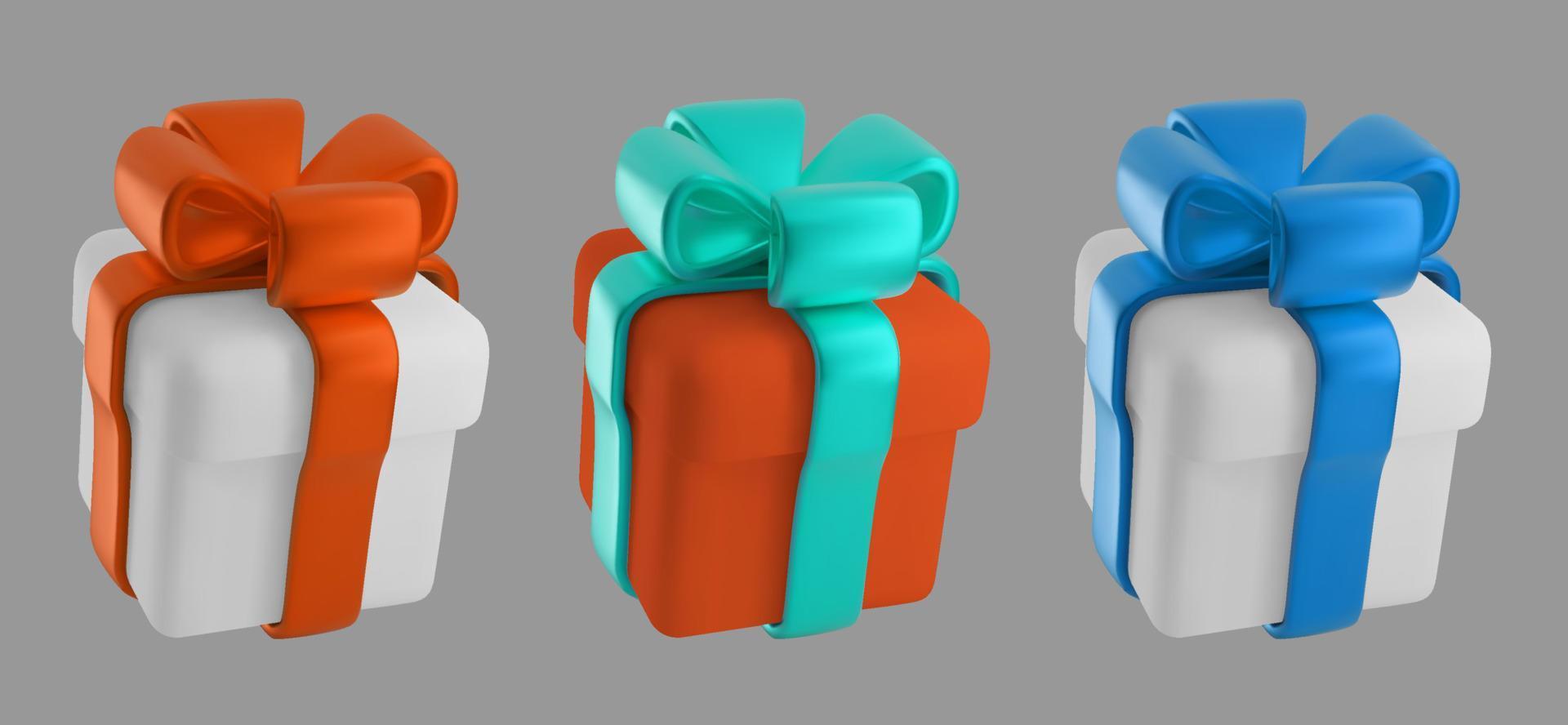 A set of gift boxes for a holiday in a trendy 3D style. Cute Decorative Boxes with bows for Birthday or discount day vector