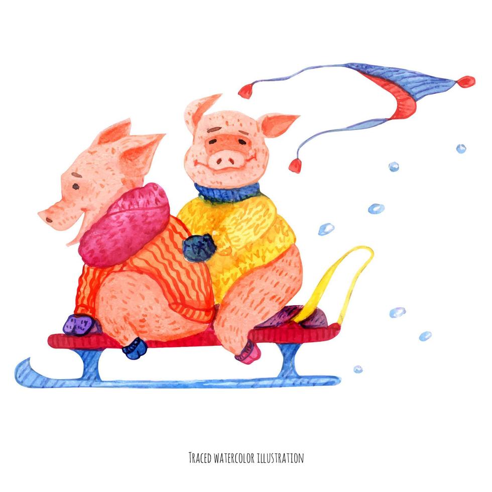 two little pigs on the sled vector