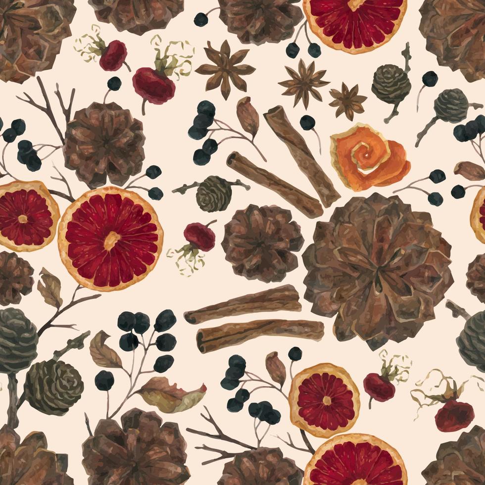 Winter plants and spices for christmas seamless pattern vector