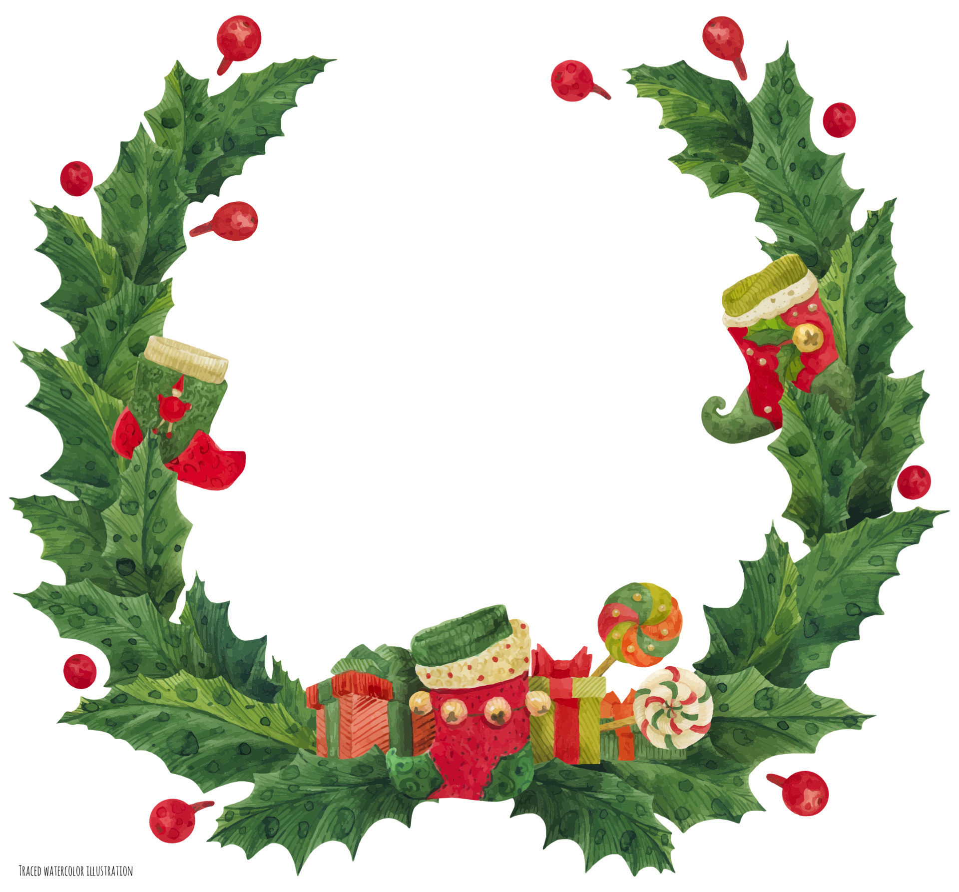 Christmas holly wreath with stocking and lollipops, watercolor