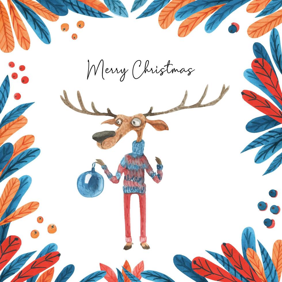 Christmas watercolor illustration with deer decorator vector