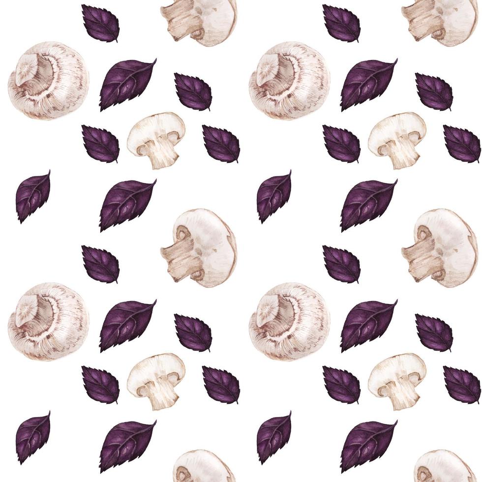 Traced watercolor seamless pattern with champignons and purple basil vector