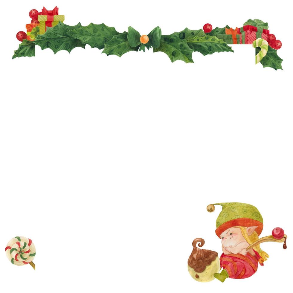 Christmas greeting card with holly and elf choclate artist vector