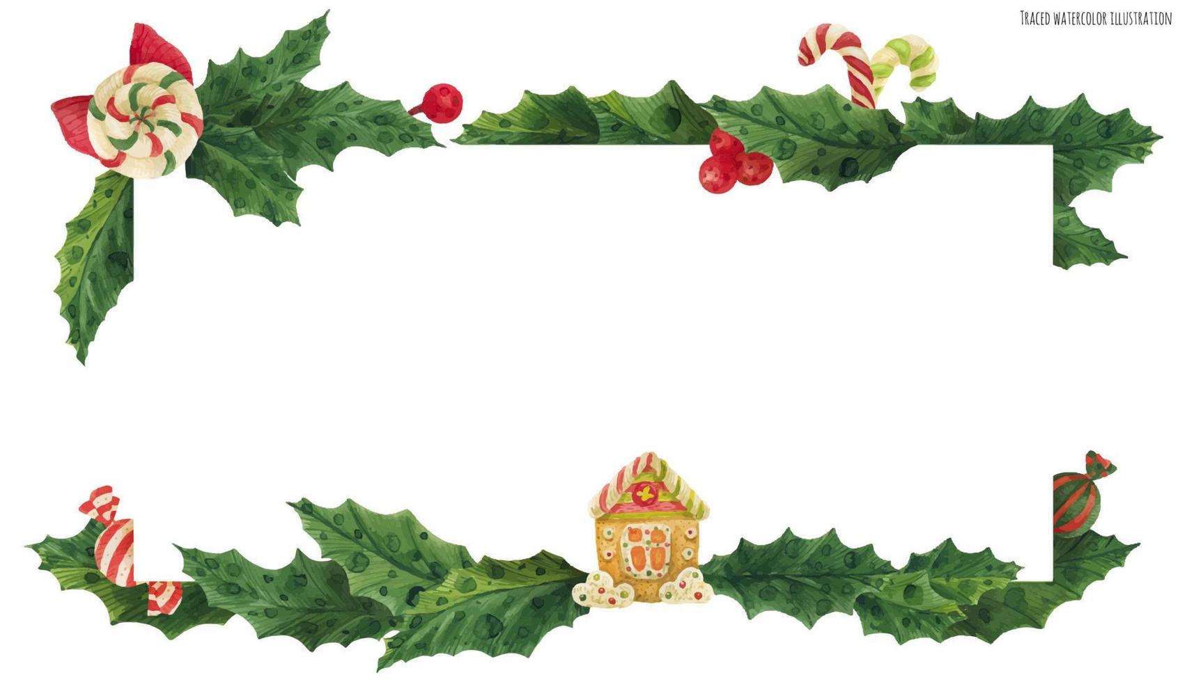 Christmas holly header with gingerbread house and candies, traced watercolor vector