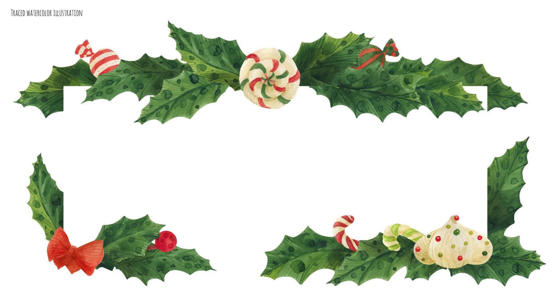 Christmas holly border with candy cane and lollipop and zefir, traced watercolor vector