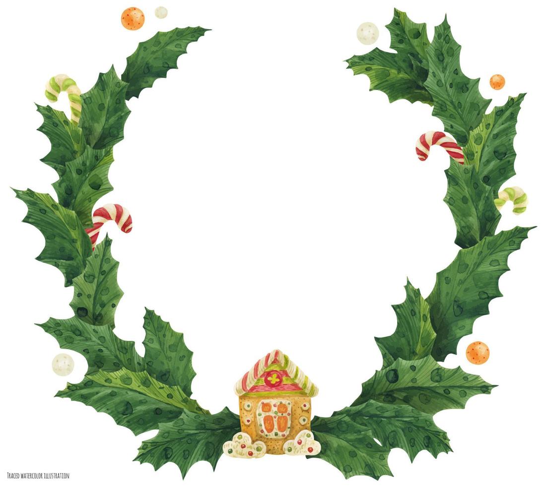 corona de acebo de navidad con casa de pan de jengibre, ilustración acuarela vector