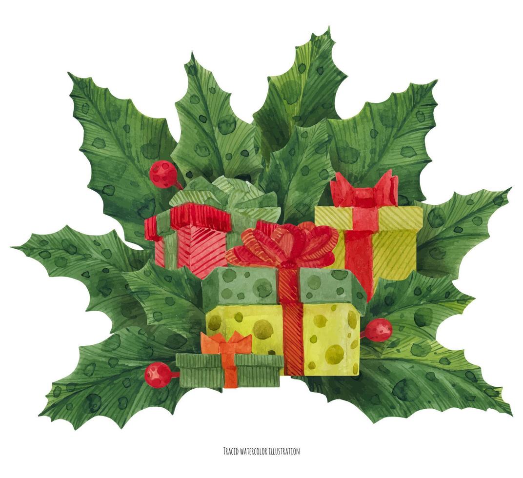 Christmas holly bouquet with gift boxes, traced watercolor vector