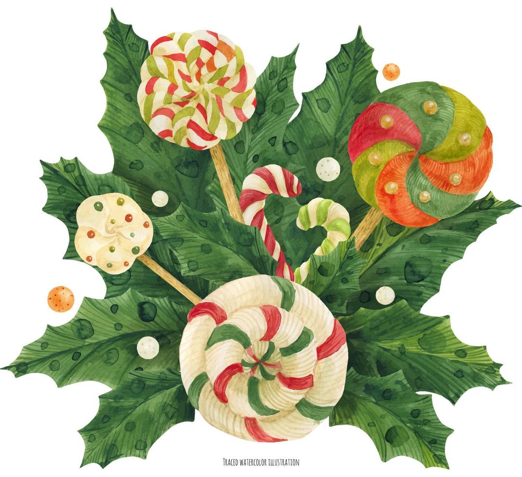 Christmas holly bouquet with lollipop and candy cane, , traced watercolor vector
