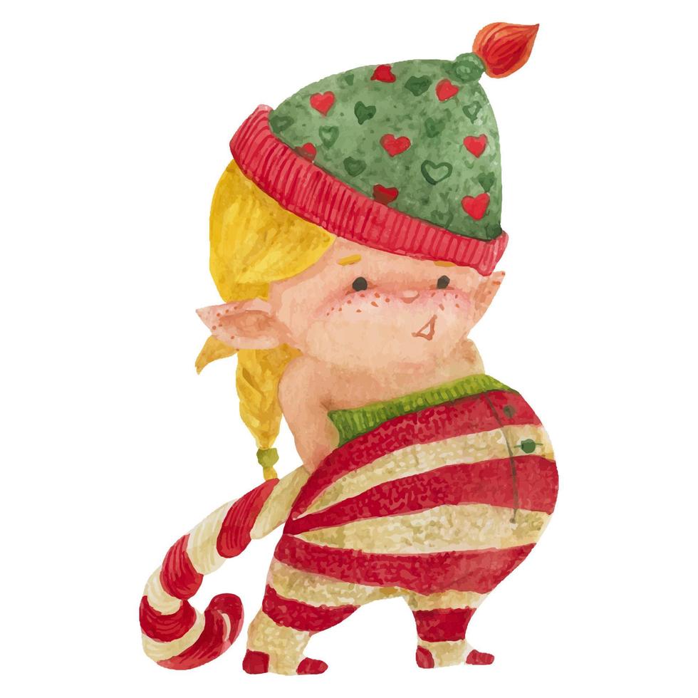 Christmas elf story, elf girl with candy cane vector