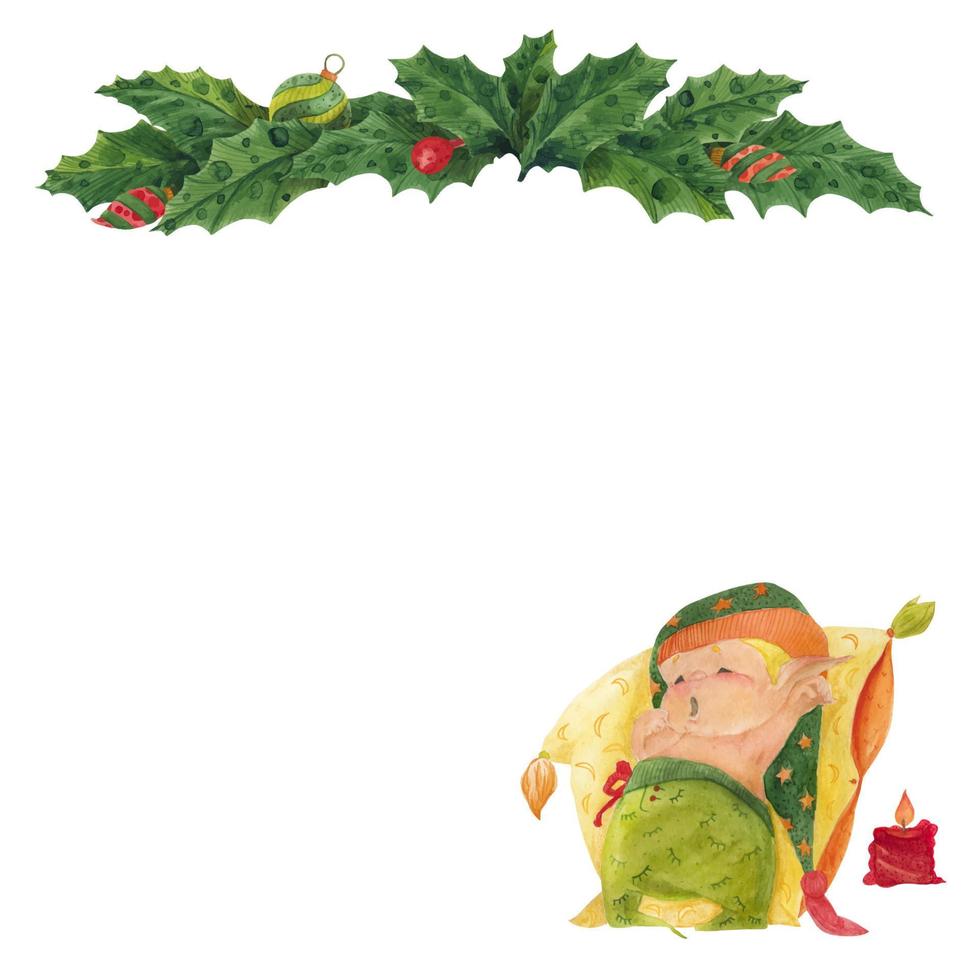 Christmas greeting card with holly and sleeping elf vector