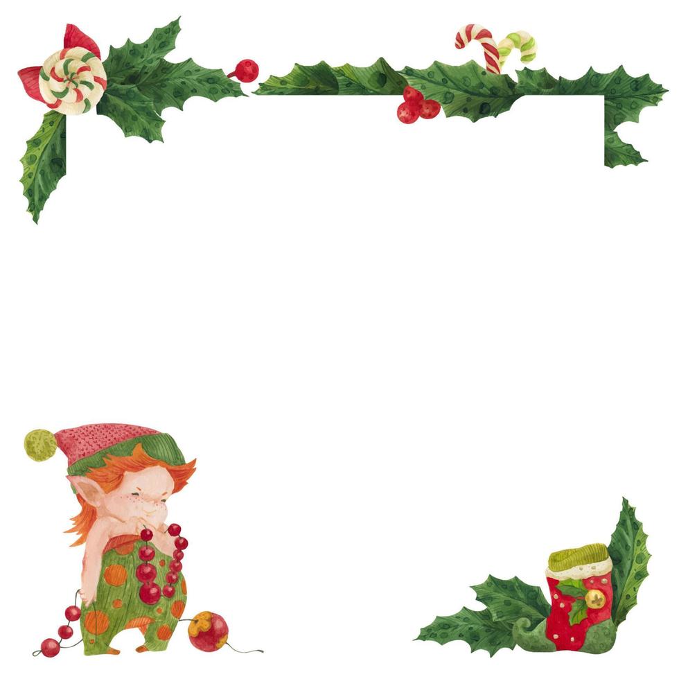 tarjeta de felicitación de navidad con holly y elf decorador de año nuevo vector