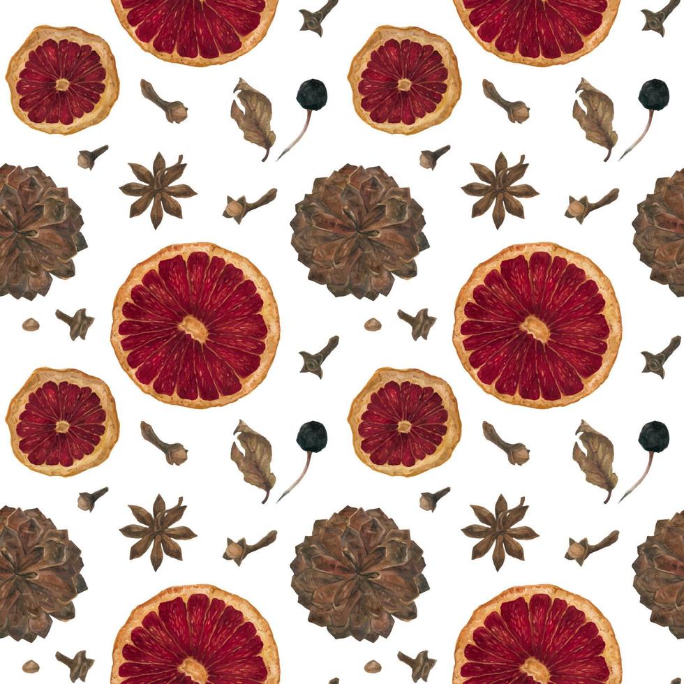 Christmas seamless pattern with oranges and spices and cones on a white vector