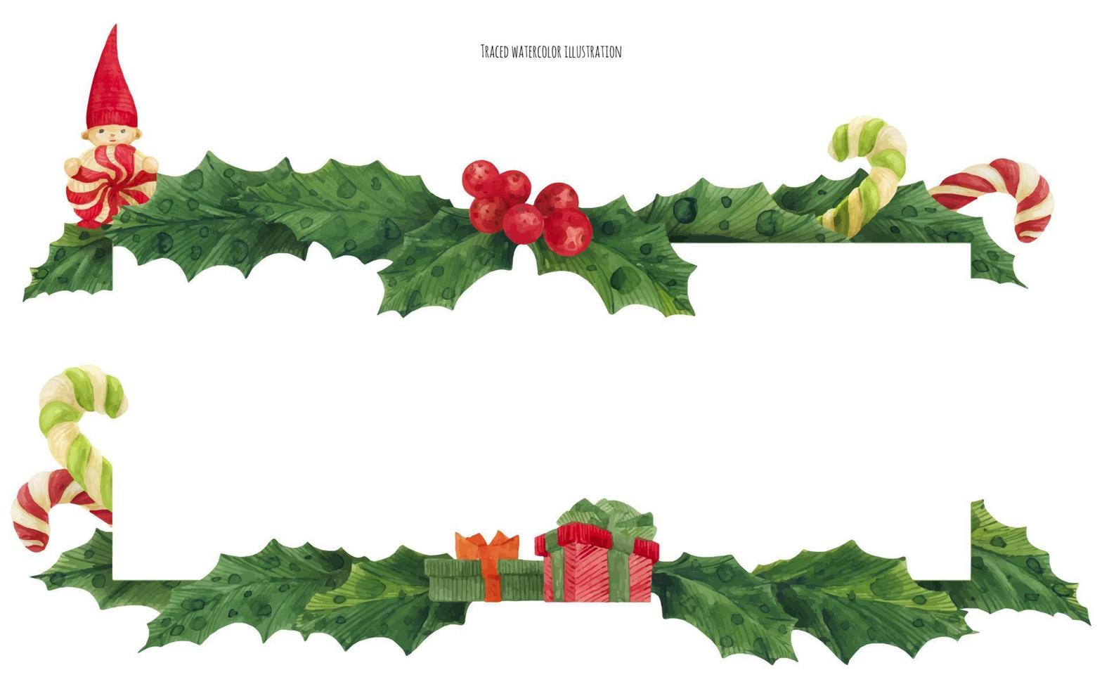 borde de acebo navideño con bastones de caramelo y regalos, ilustración acuarela vector