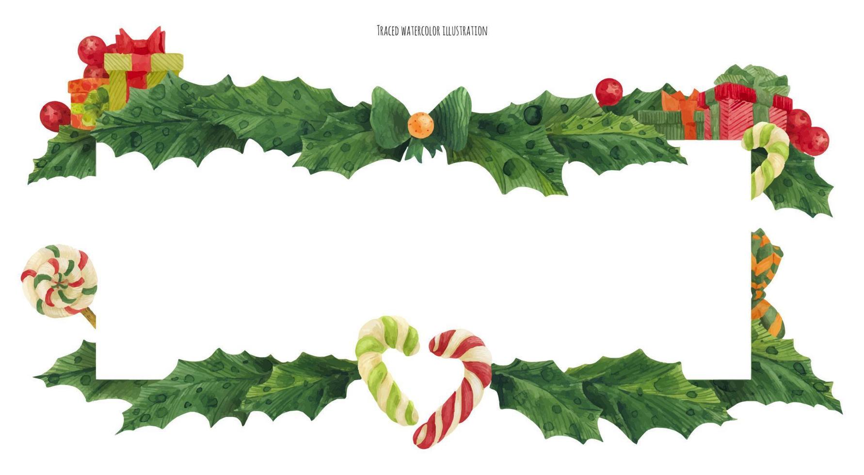 Christmas holly border with candy canes and gifts, traced watercolor vector