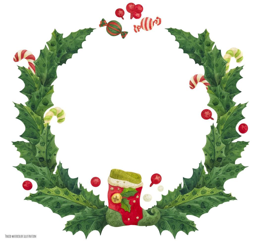 corona de acebo de navidad con medias y bastones de caramelo, ilustración acuarela vector