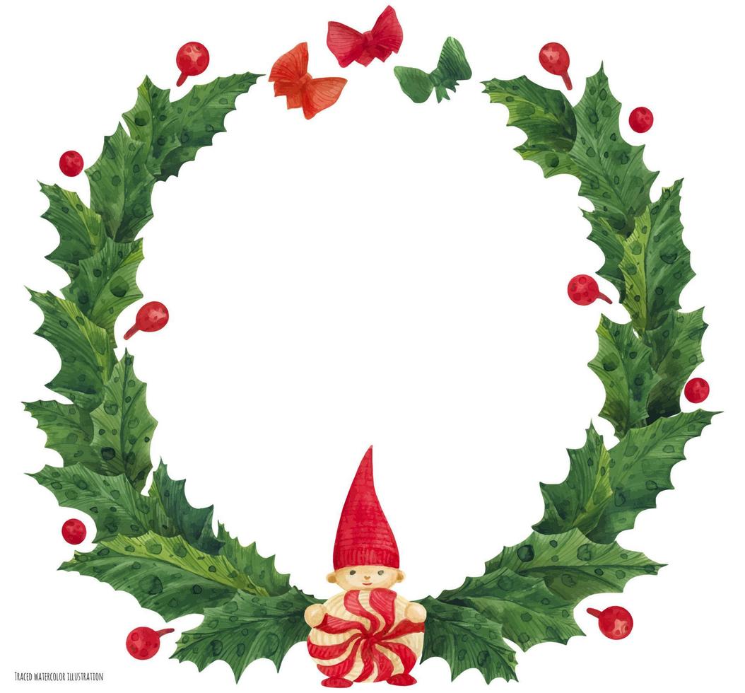 corona de acebo de navidad con gnomo, ilustración acuarela vector