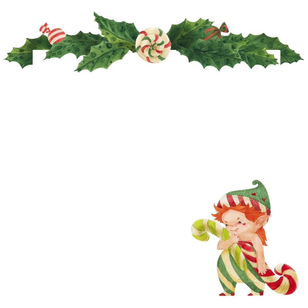 Christmas greeting card with holly and elf wih candy canes vector