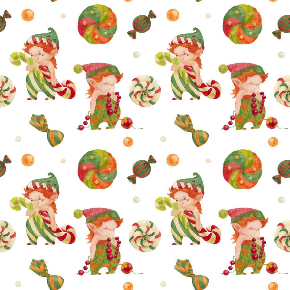 Christmas Elves seamless watercolor pattern with elves and candy canes on a white vector