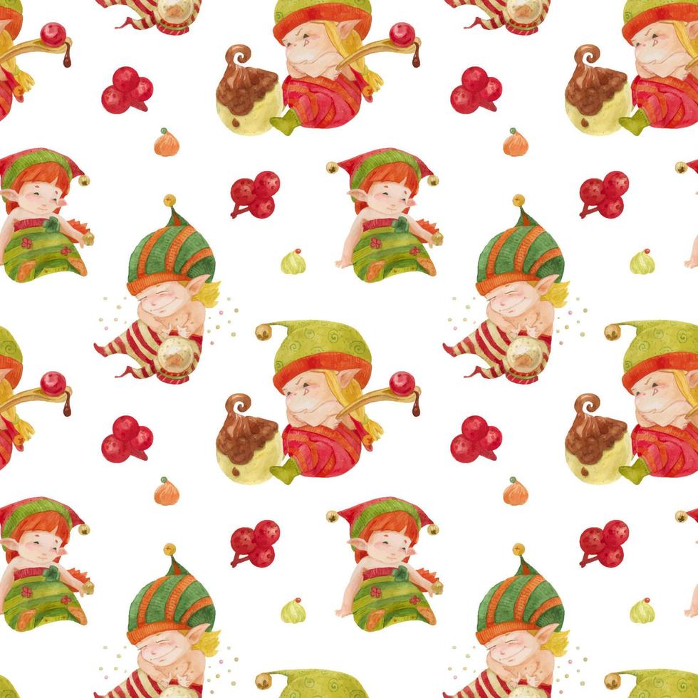 Christmas Elves Story pattern, baby elves with sweets and crystal ball on a white vector