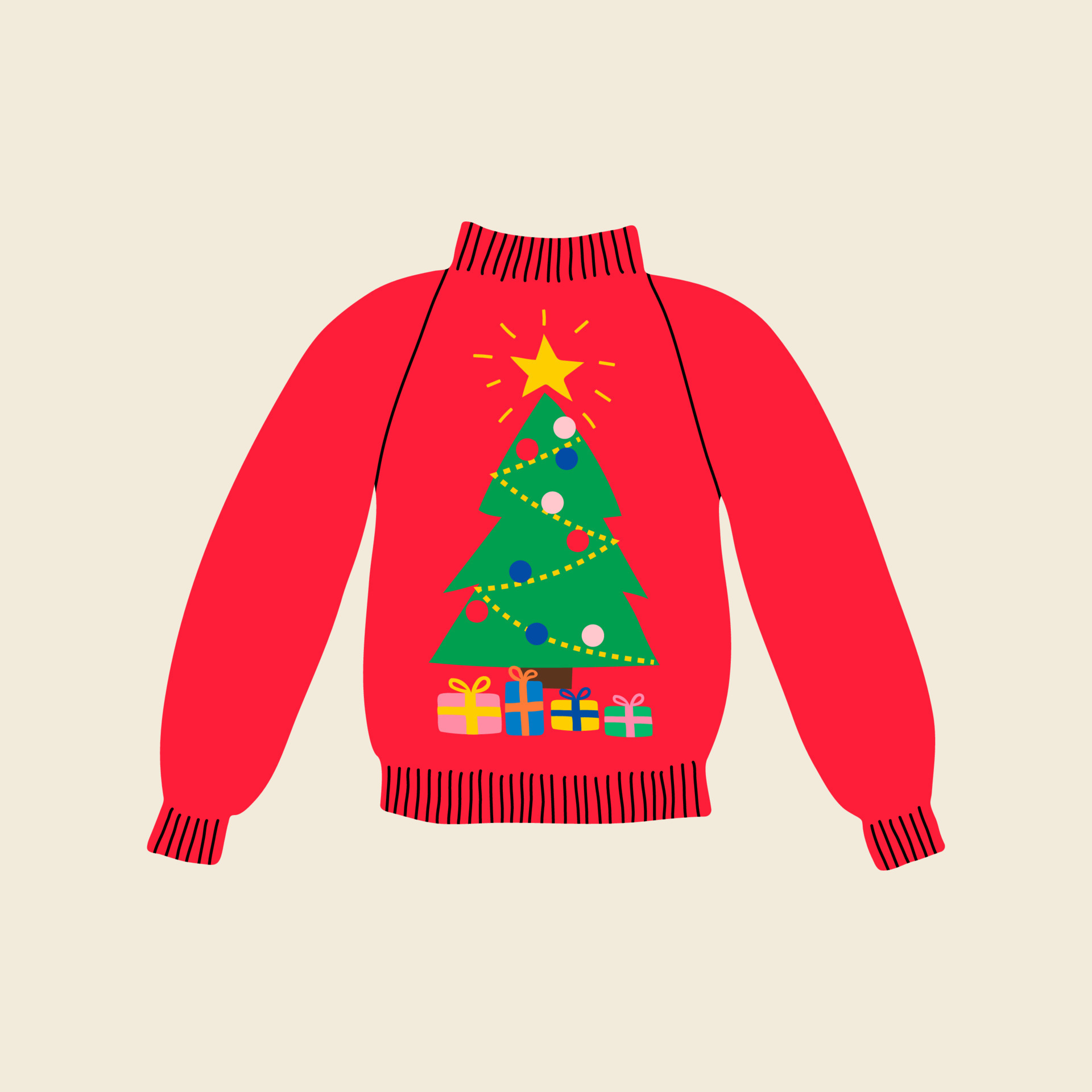 Christmas ugly red winter sweater in flat line trendy style, green Xmas  tree red costume with gifts. Hand drawn holiday cartoon colorful vector  illustration for party. Warm knitted jumper. 12739071 Vector Art