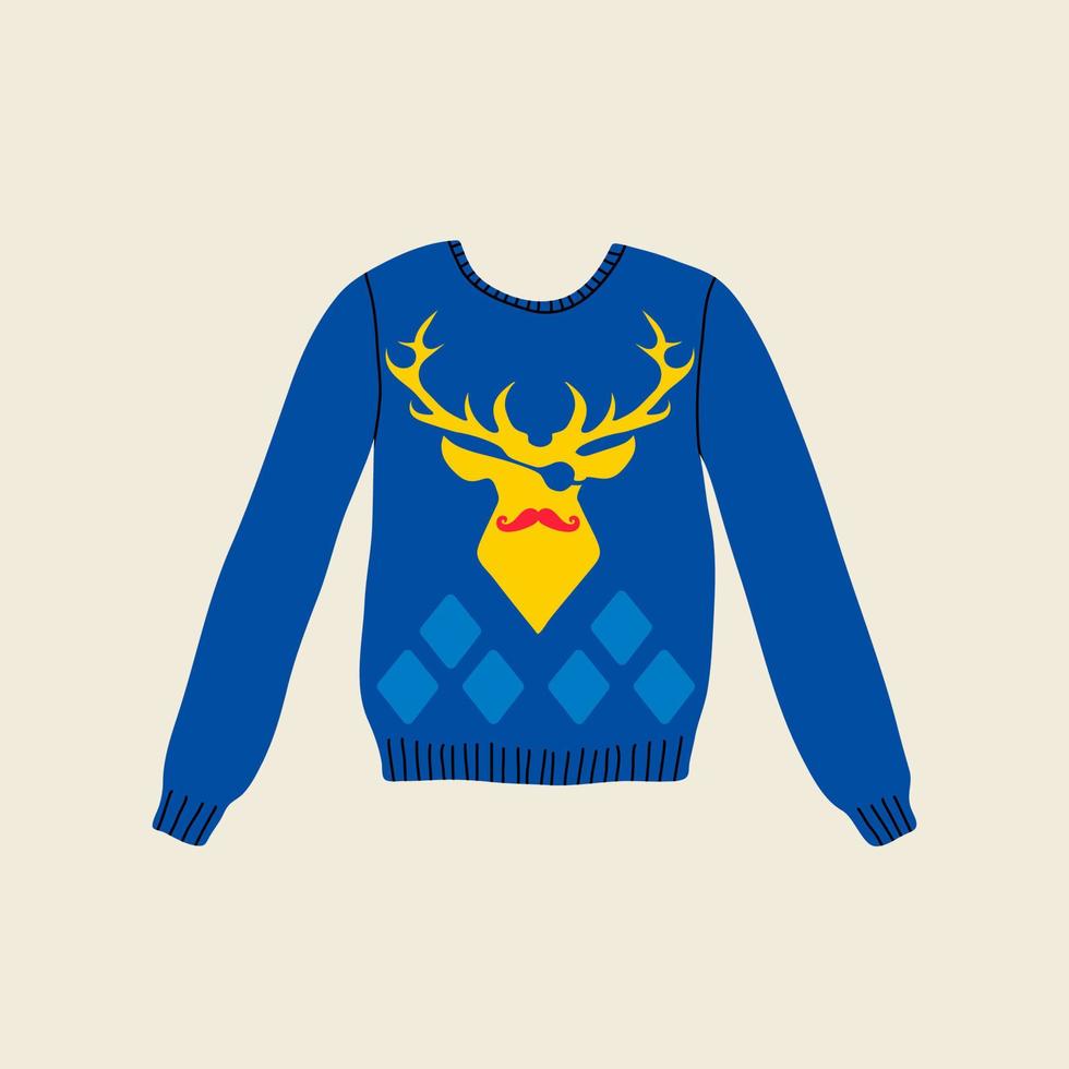 Christmas ugly blue winter sweater in flat line trendy style, yellow pirate deer with mustache costume. Hand drawn holiday cartoon colorful vector illustration for Xmas party. Warm knitted jumper.