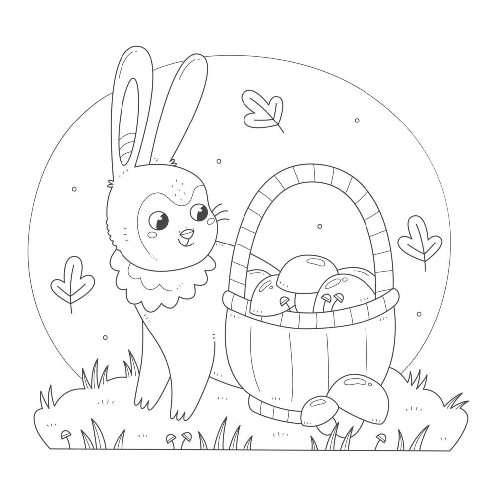 Cute rabbit with a basket of mushrooms coloring page. Bunny collects mushrooms children's coloring book. Vector black and white illustration.