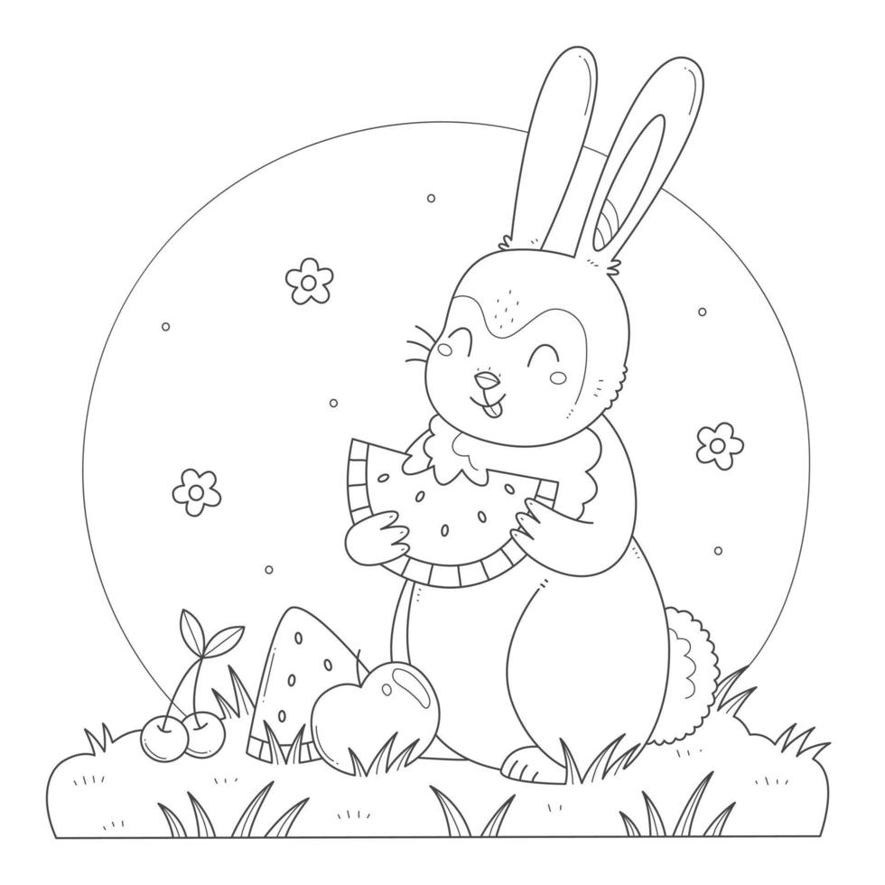 Cute rabbit with fruit eats watermelon coloring page. Bunny eats children's coloring book. Vector black and white illustration.