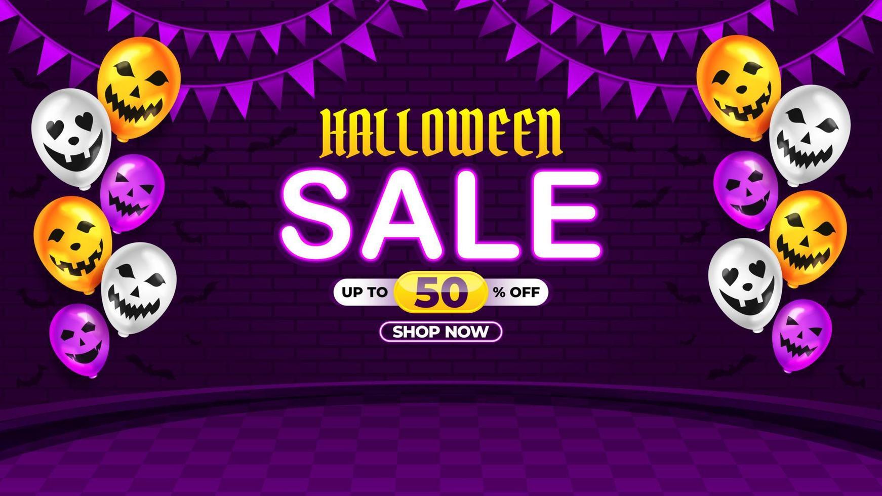 Halloween Sale Promotion with scary balloon and brick texture vector, happy halloween 2022 background for business retail promotion, banner, poster, social media, feed, invitation vector