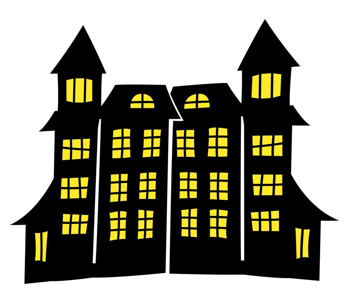Vector Halloween Haunted House glyph illustration for Halloween. Black groovy Halloween house with yellowe light in the windows.