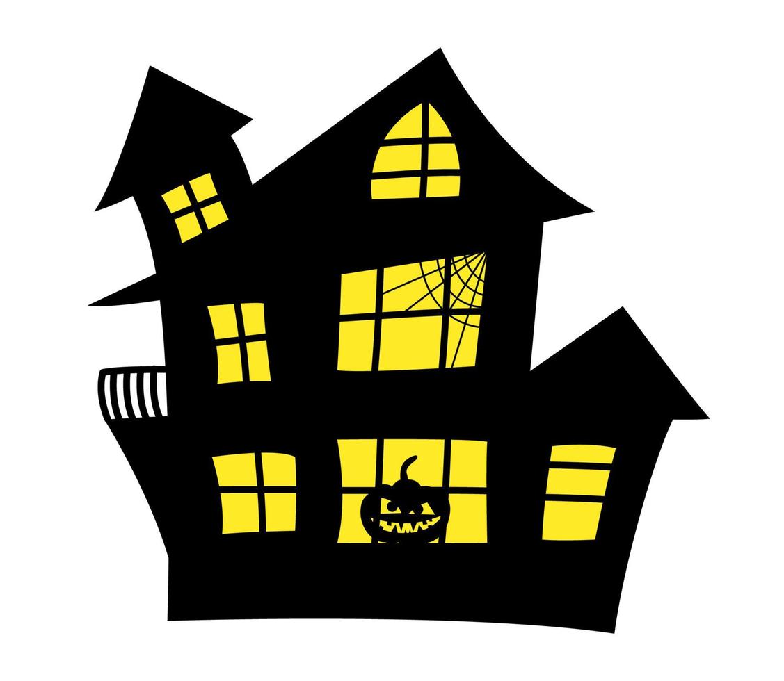 ilustración de glifo de casa embrujada vectorial para halloween. casa de halloween maravillosa negra con luz amarilla en las ventanas. vector