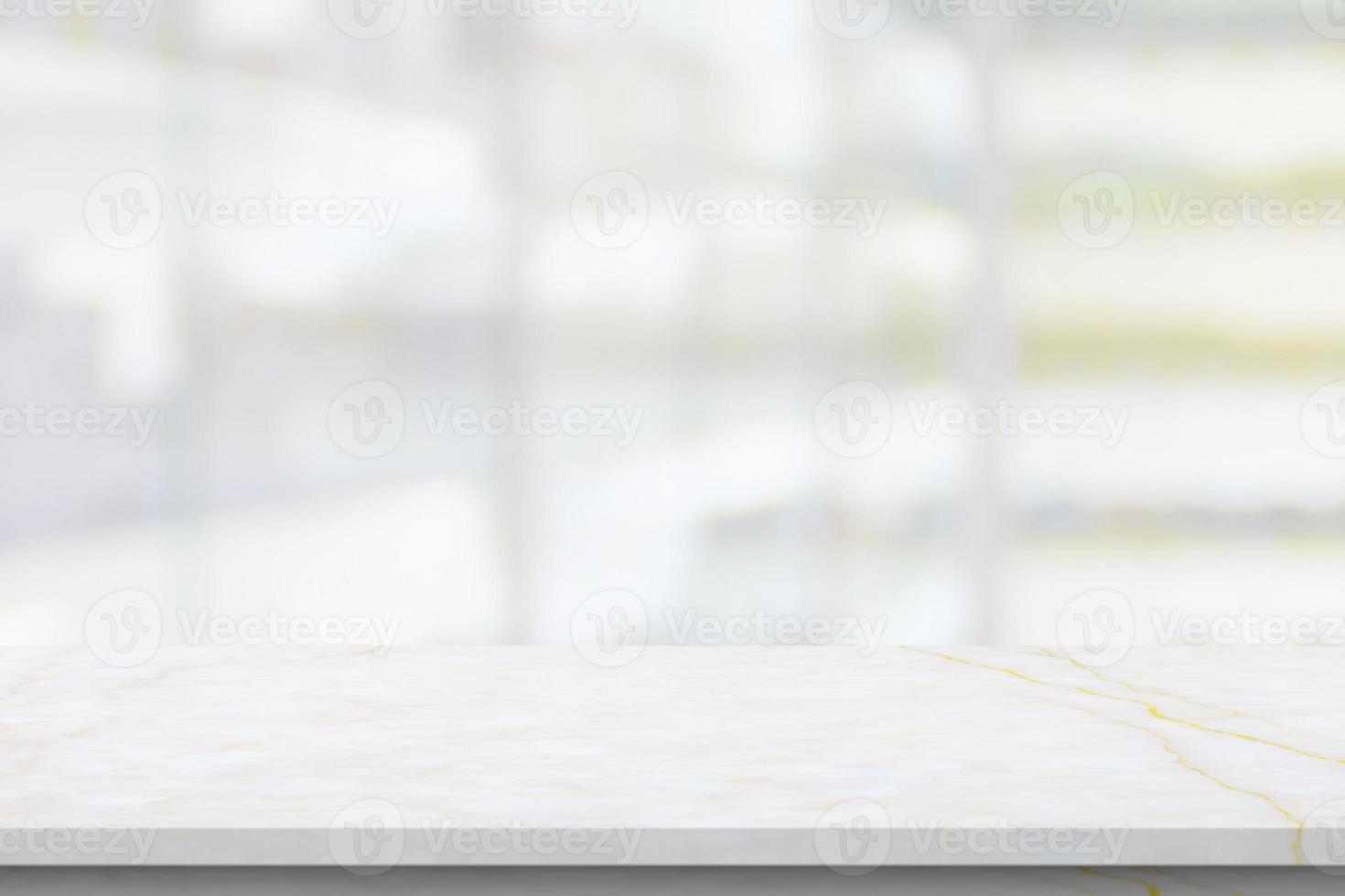 Empty white marble counter top with blur pharmacy drugstore shelves background photo