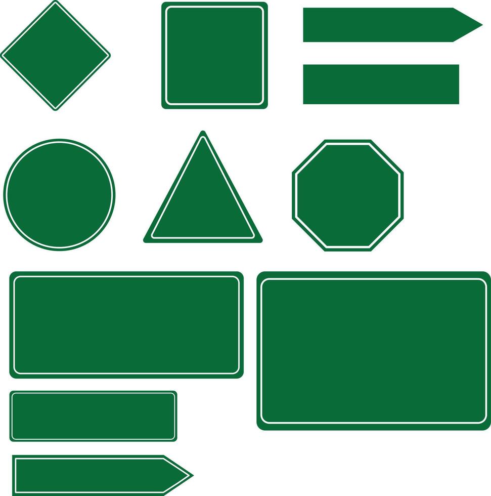 Collection of green road signs on white background. Green Roadsigns set