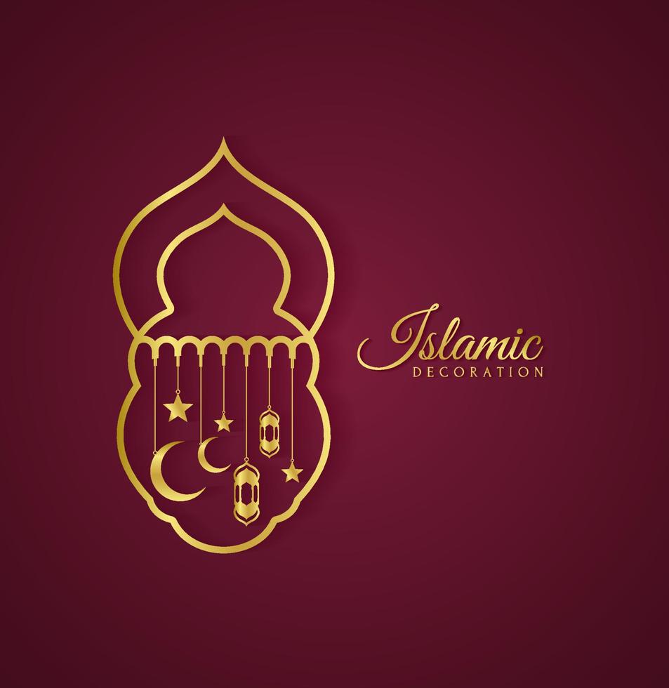 Elegant and luxury golden graphic of Islamic decoration with stars and crescent moon on beautiful purple background. Modern Vector mosque illustration design