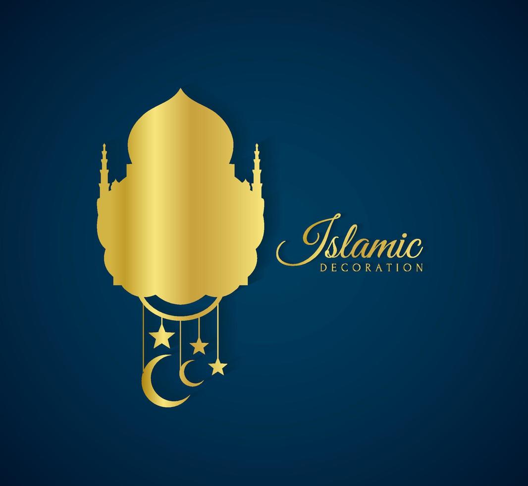 Elegant and luxury golden graphic of Islamic decoration with stars and crescent moon on blue background. Modern Vector mosque illustration design